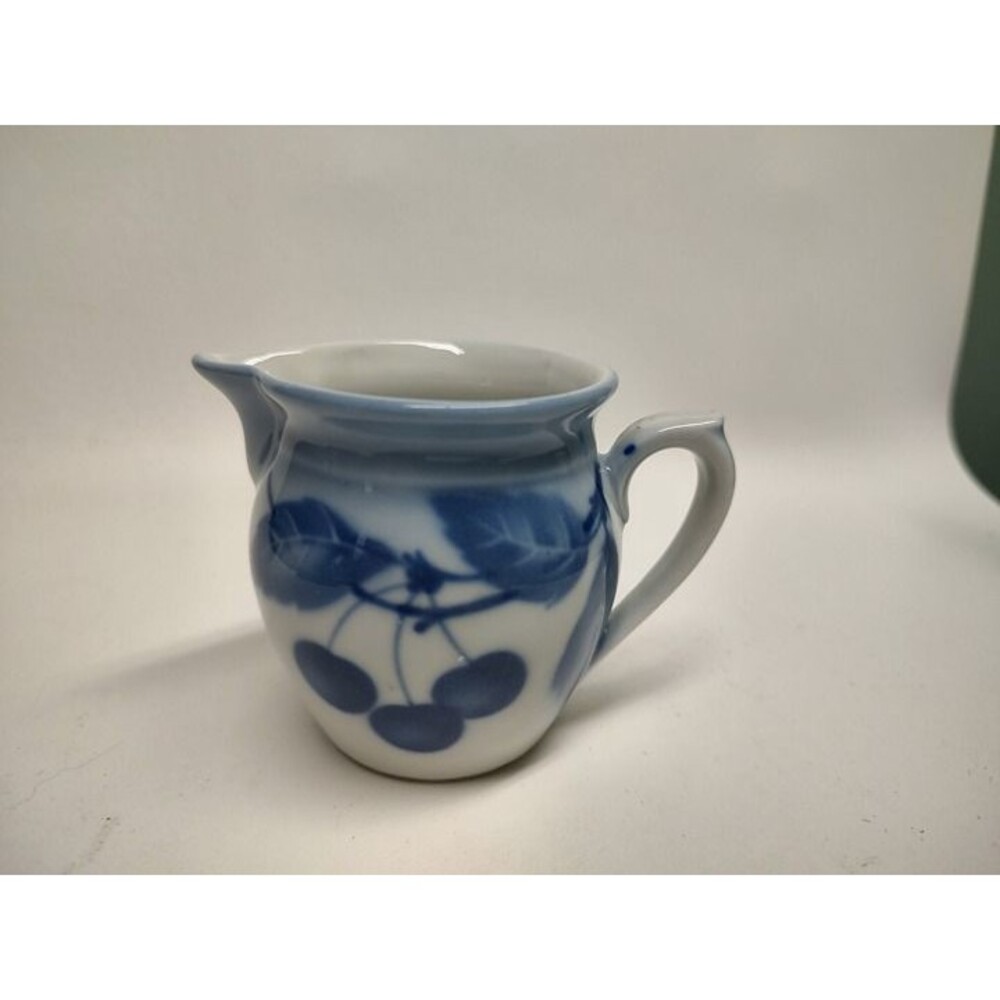 Vintage Small Pitcher Porcelain Czechoslovakia Cherries blue & white 2-5/8" tall